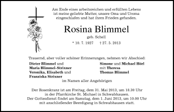 Traueranzeige von Rosina Blimmel von Süddeutsche Zeitung