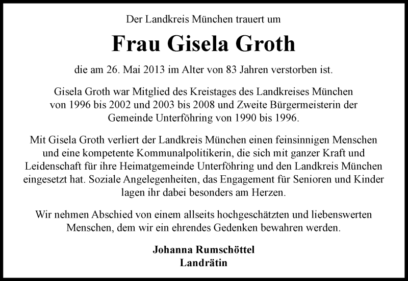  Traueranzeige für Gisela Groth vom 01.06.2013 aus Süddeutsche Zeitung