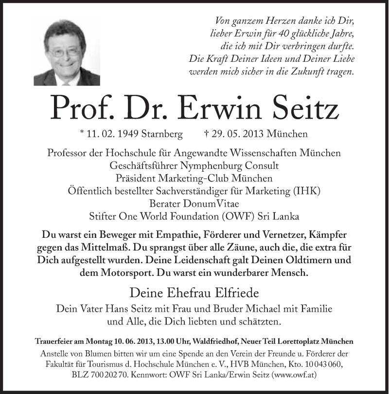  Traueranzeige für Prof. Dr. Erwin Seitz vom 03.06.2013 aus Süddeutsche Zeitung