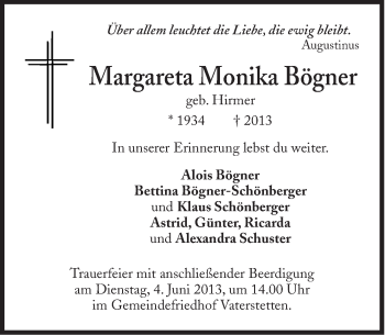 Traueranzeige von Margareta Monika Bögner von Süddeutsche Zeitung