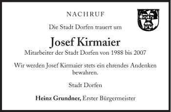 Traueranzeige von Josef Kirmaier von Süddeutsche Zeitung