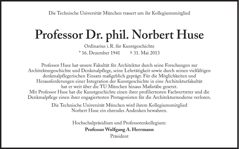  Traueranzeige für Norbert Huse vom 08.06.2013 aus Süddeutsche Zeitung