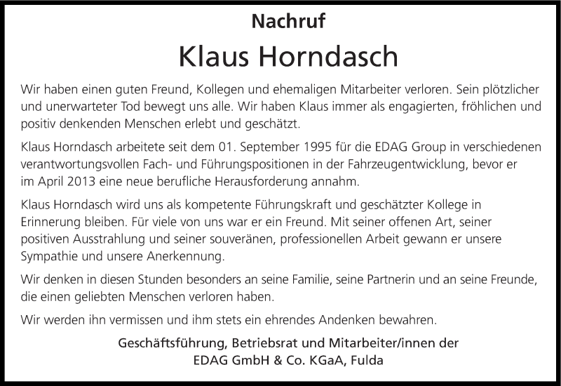  Traueranzeige für Klaus Horndasch vom 07.06.2013 aus Süddeutsche Zeitung