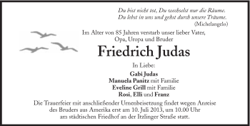 Traueranzeige von Friedrich Judas von Süddeutsche Zeitung