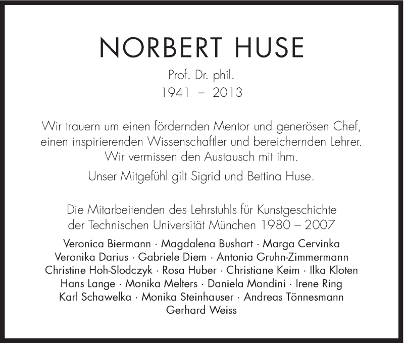  Traueranzeige für Norbert Huse vom 08.06.2013 aus Süddeutsche Zeitung