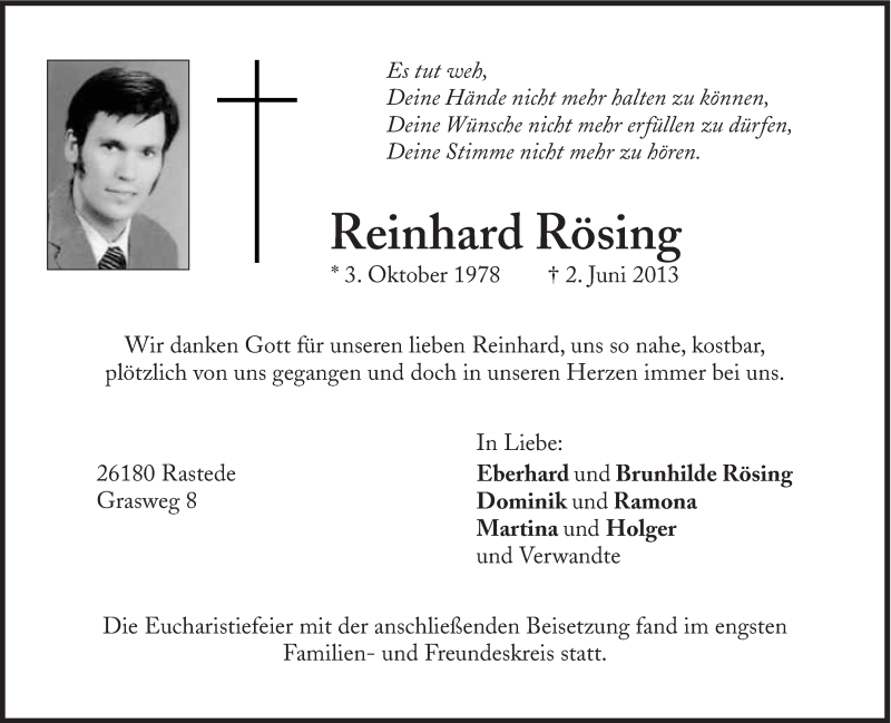  Traueranzeige für Reinhard Rösing vom 18.06.2013 aus Süddeutsche Zeitung