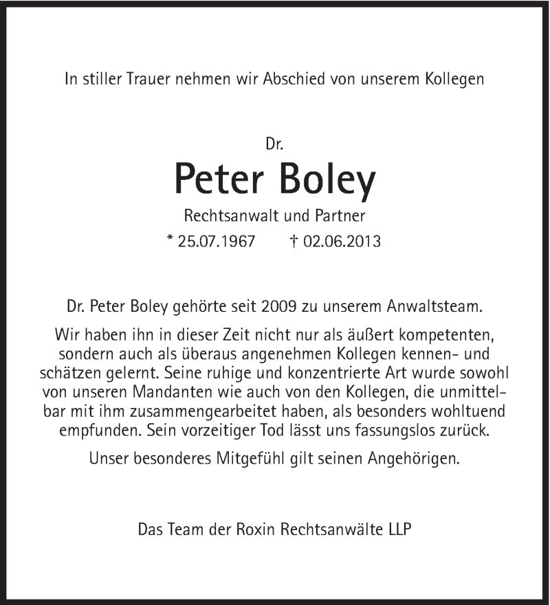  Traueranzeige für Peter Boley vom 08.06.2013 aus Süddeutsche Zeitung