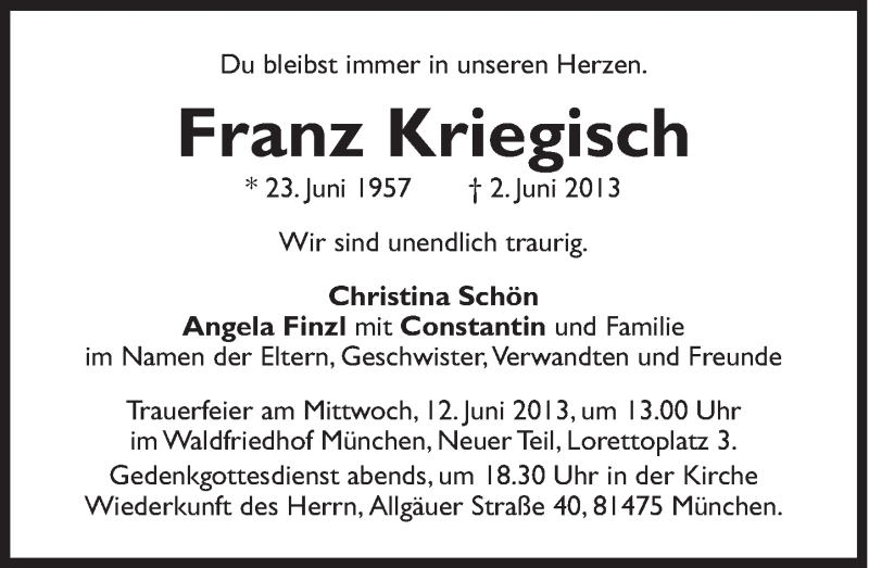  Traueranzeige für Franz Kriegisch vom 08.06.2013 aus Süddeutsche Zeitung