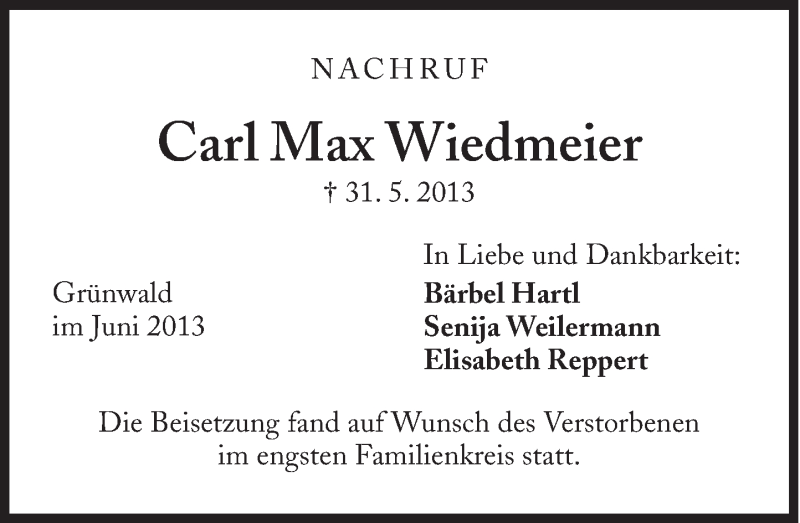  Traueranzeige für Carl Max Wiedmeier vom 15.06.2013 aus Süddeutsche Zeitung