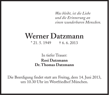 Traueranzeige von Werner Datzmann von Süddeutsche Zeitung