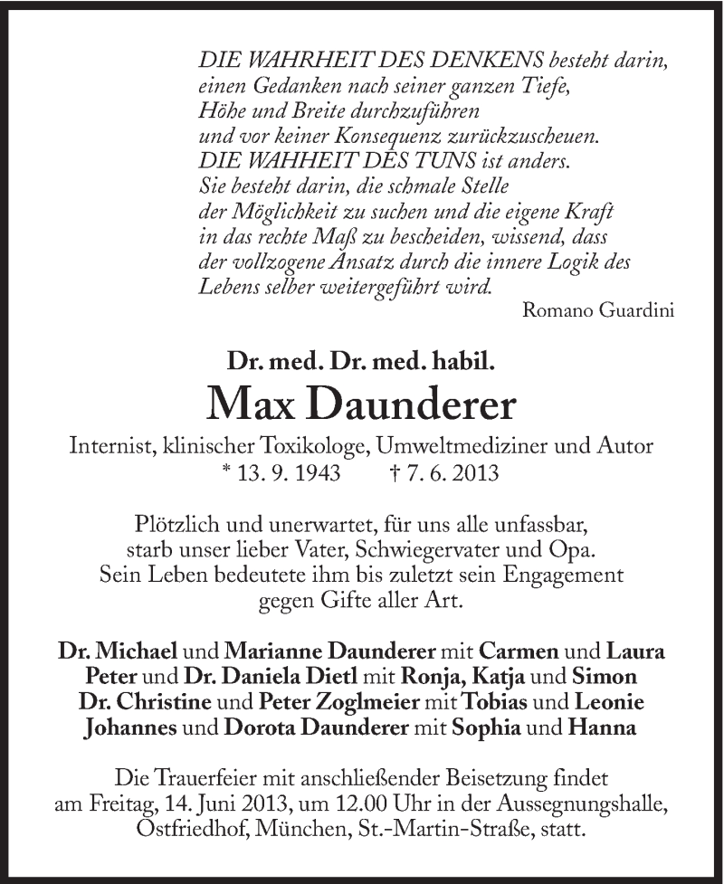  Traueranzeige für Max Daunderer vom 11.06.2013 aus Süddeutsche Zeitung