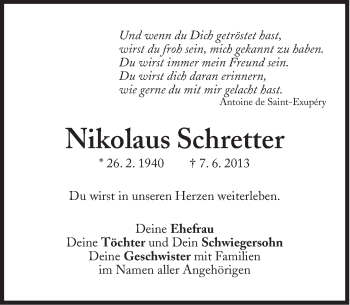 Traueranzeige von Nikolaus Schretter von Süddeutsche Zeitung