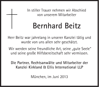 Traueranzeige von Bernhard Beitz von Süddeutsche Zeitung