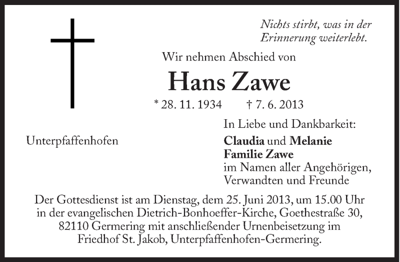  Traueranzeige für Hans Zawe vom 15.06.2013 aus Süddeutsche Zeitung