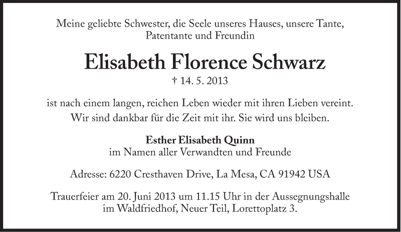  Traueranzeige für Elisabeth Florence Schwarz vom 15.06.2013 aus Süddeutsche Zeitung