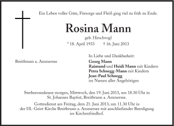 Traueranzeige von Rosina Mann von Süddeutsche Zeitung