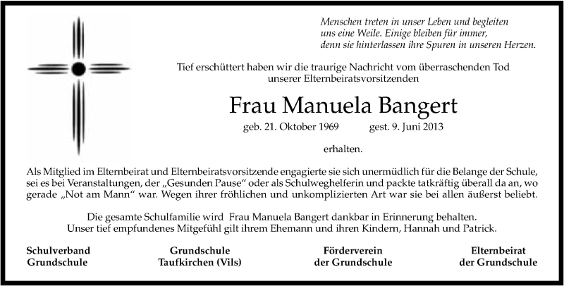  Traueranzeige für Manuela Bangert vom 19.06.2013 aus Süddeutsche Zeitung