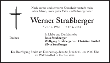 Traueranzeige von Werner Straßberger von Süddeutsche Zeitung