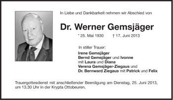 Traueranzeige von Werner Gemsjäger von Süddeutsche Zeitung