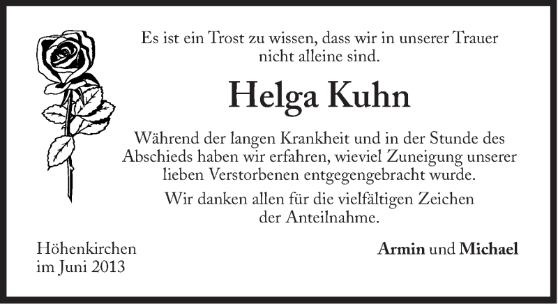  Traueranzeige für Helga Kuhn vom 29.06.2013 aus Süddeutsche Zeitung