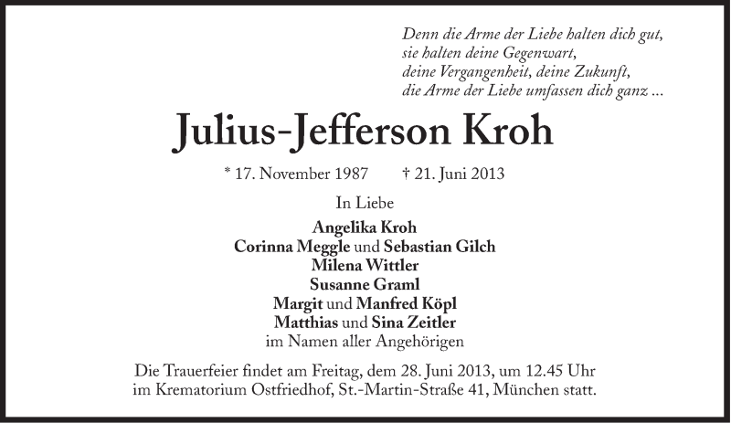  Traueranzeige für Julius-Jefferson Kroh vom 26.06.2013 aus Süddeutsche Zeitung