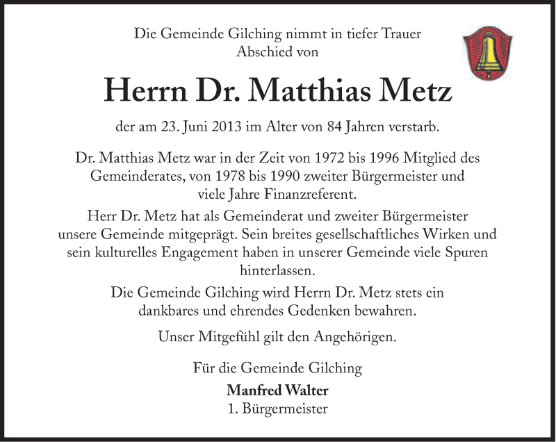  Traueranzeige für Matthias Metz vom 29.06.2013 aus Süddeutsche Zeitung