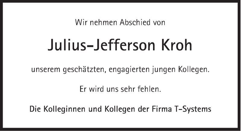  Traueranzeige für Julius-Jefferson Kroh vom 27.06.2013 aus Süddeutsche Zeitung