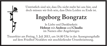 Traueranzeige von Ingeborg Bongratz von Süddeutsche Zeitung