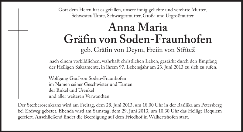  Traueranzeige für Anna Maria Gräfin von Soden-Fraunhofen vom 28.06.2013 aus Süddeutsche Zeitung