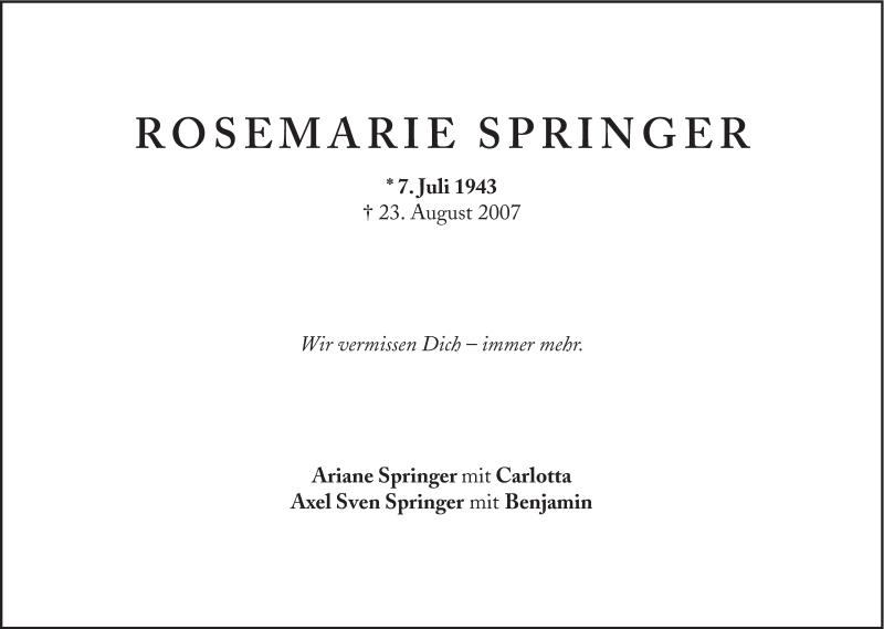  Traueranzeige für Rosemarie Springer vom 06.07.2013 aus Süddeutsche Zeitung