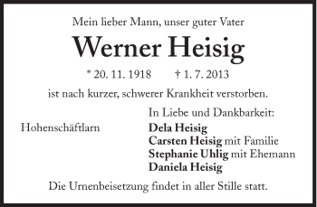 Traueranzeige von Werner Heisig von Süddeutsche Zeitung