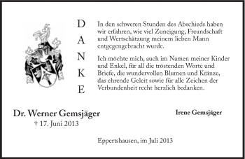 Traueranzeige von Werner Gemsjäger von Süddeutsche Zeitung