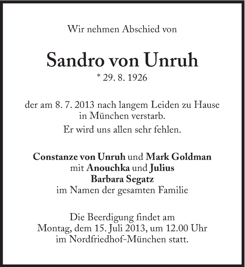  Traueranzeige für Sandro von Unruh vom 13.07.2013 aus Süddeutsche Zeitung