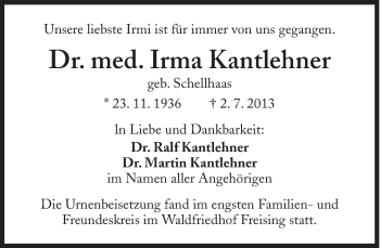 Traueranzeige von Irma Kantlehner von Süddeutsche Zeitung