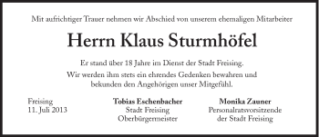 Traueranzeige von Klaus Sturmhöfel von Süddeutsche Zeitung