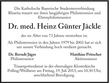 Traueranzeige von Heinz Günter Jäckle von Süddeutsche Zeitung