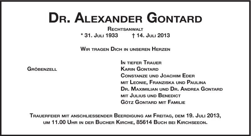  Traueranzeige für Alexander Gontard vom 16.07.2013 aus Süddeutsche Zeitung