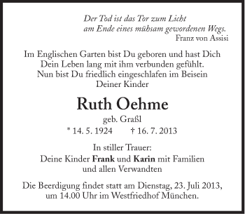 Traueranzeige von Ruth Oehme von Süddeutsche Zeitung