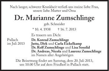 Traueranzeige von Marianne Zumschlinge von Süddeutsche Zeitung