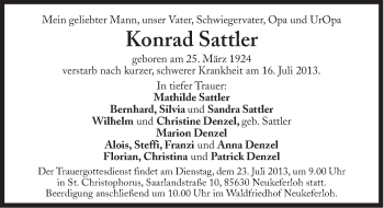 Traueranzeige von Konrad Sattler von Süddeutsche Zeitung