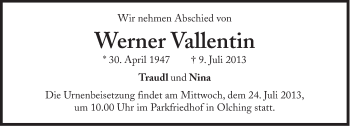 Traueranzeige von Werner Vallentin von Süddeutsche Zeitung