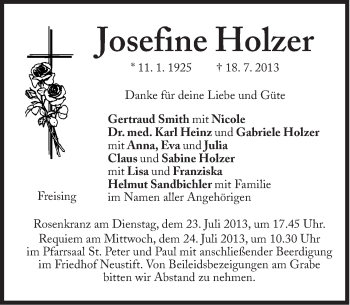 Traueranzeige von Josefine Holzer von Süddeutsche Zeitung