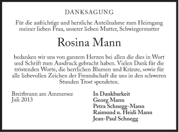 Traueranzeige von Rosina Mann von Süddeutsche Zeitung