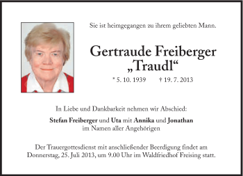Traueranzeige von Gertraude Freiberger von Süddeutsche Zeitung