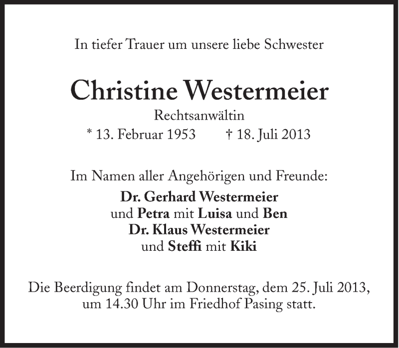  Traueranzeige für Christine Westermeier vom 23.07.2013 aus Süddeutsche Zeitung