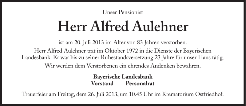  Traueranzeige für Alfred Aulehner vom 25.07.2013 aus Süddeutsche Zeitung