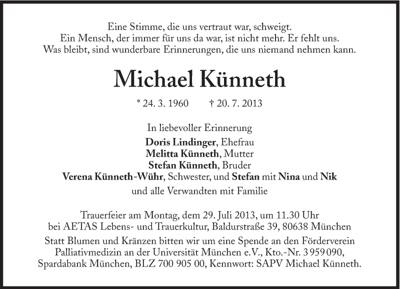  Traueranzeige für Michael Künneth vom 26.07.2013 aus Süddeutsche Zeitung