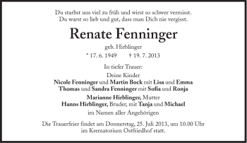 Traueranzeige von Renate Fenninger von Süddeutsche Zeitung