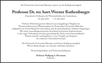 Traueranzeige von Werner Rothenburger von Süddeutsche Zeitung