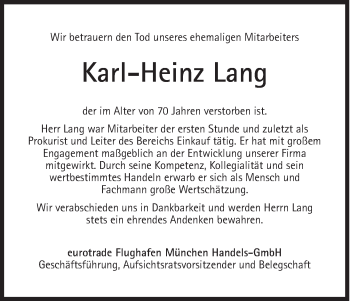 Traueranzeige von Karl-Heinz Lang von Süddeutsche Zeitung